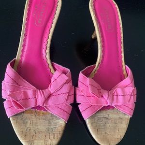 Pink Coach Sandals. Fabric strap, cork front and wooden heel. Size 8B